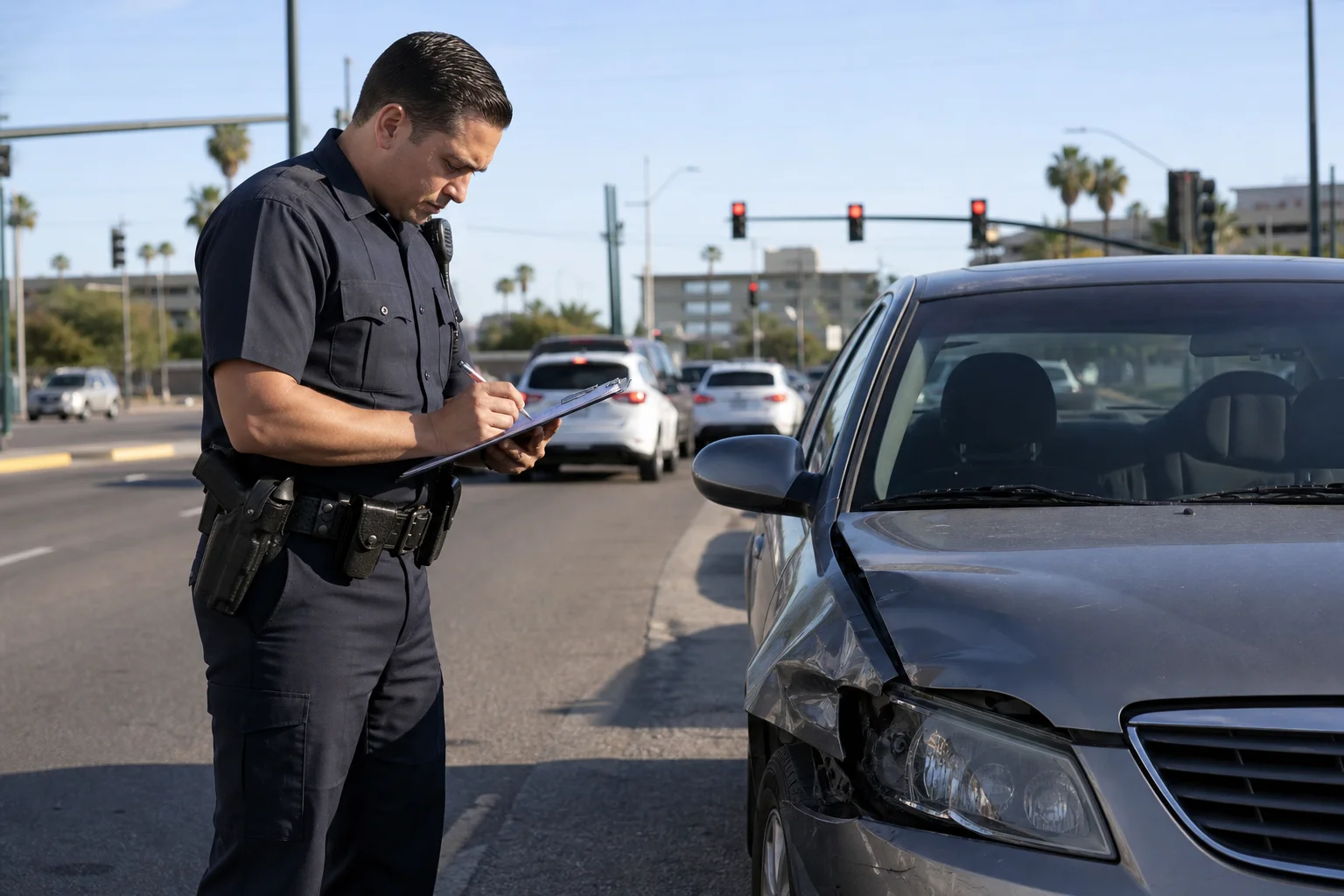 Valley Accident Law | ARS 28-661 Decoded: What Arizona's Hit and Run Law Proves About Fault in Your Claim Police officer documenting a hit and run accident scene at a Phoenix metro roadway intersection