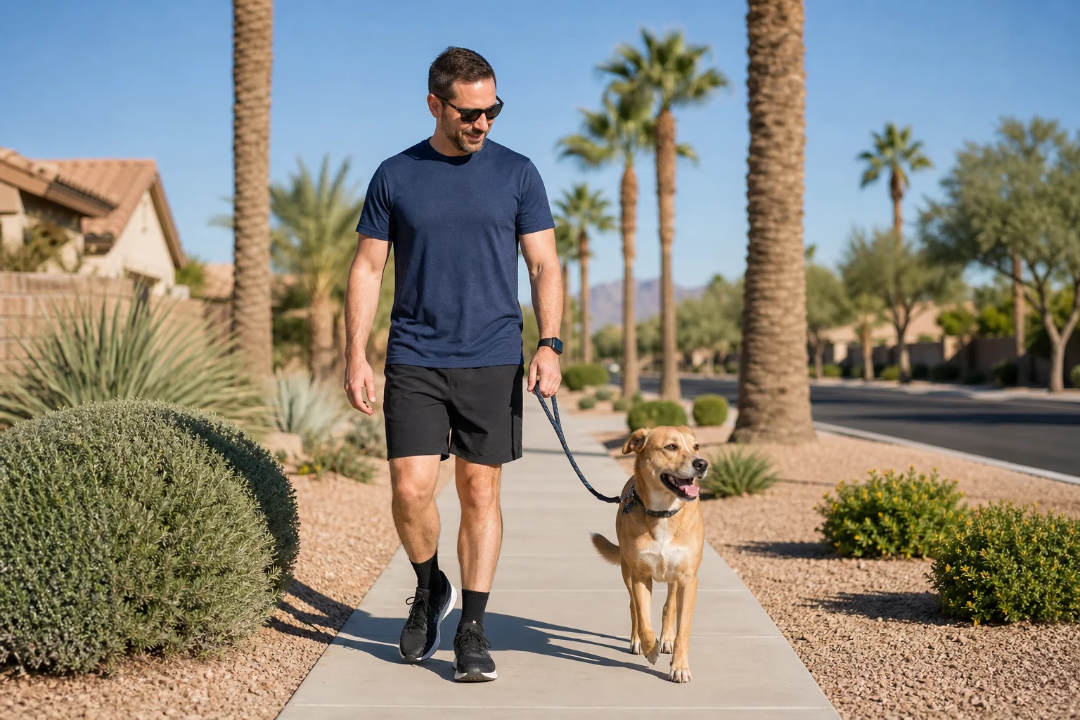 Valley Accident Law | Dog Bite Laws in Chandler and Arizona: Strict Liability and Leash Rules Explained Leashed dog walking with its owner along a Chandler, Arizona neighborhood sidewalk