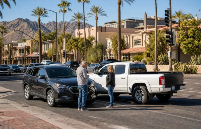 Busy Scottsdale intersection during winter tourist season where an out-of-state visitor’s vehicle collided with a local driver Busy Scottsdale intersection during winter tourist season where an out-of-state visitor's vehicle collided with a local driver