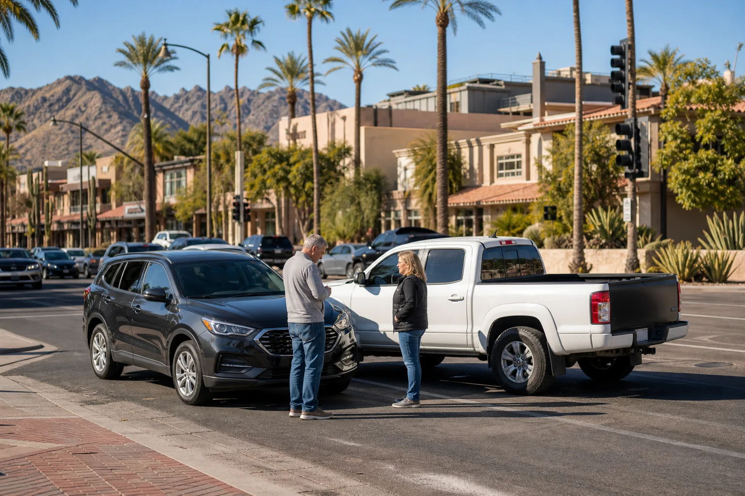 Busy Scottsdale intersection during winter tourist season where an out-of-state visitor's vehicle collided with a local driver