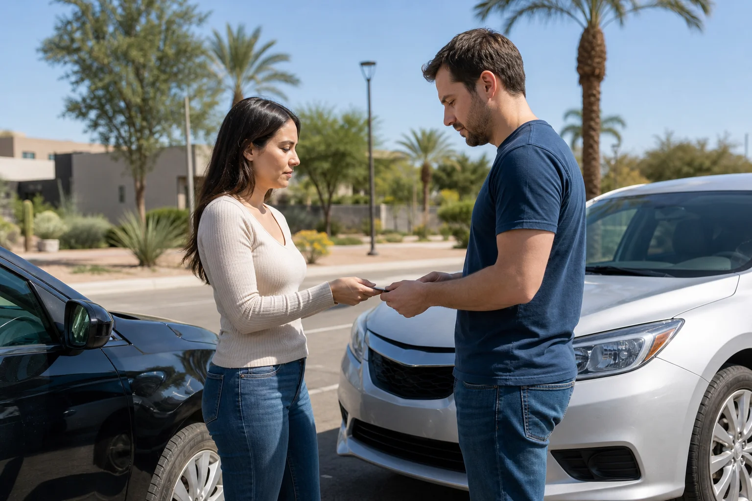 Valley Accident Law | Hit by an Out of State Winter Visitor in Scottsdale: Which Rules Apply and Where You File Two drivers exchanging insurance information after a Scottsdale car accident involving an out-of-state visitor