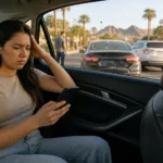 Injured Uber or Lyft passenger holding a phone after a car accident in Phoenix, Arizona Injured Uber or Lyft passenger holding a phone after a car accident in Phoenix, Arizona