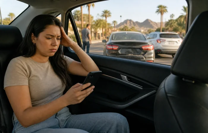 Injured Uber or Lyft passenger holding a phone after a car accident in Phoenix, Arizona Injured Uber or Lyft passenger holding a phone after a car accident in Phoenix, Arizona