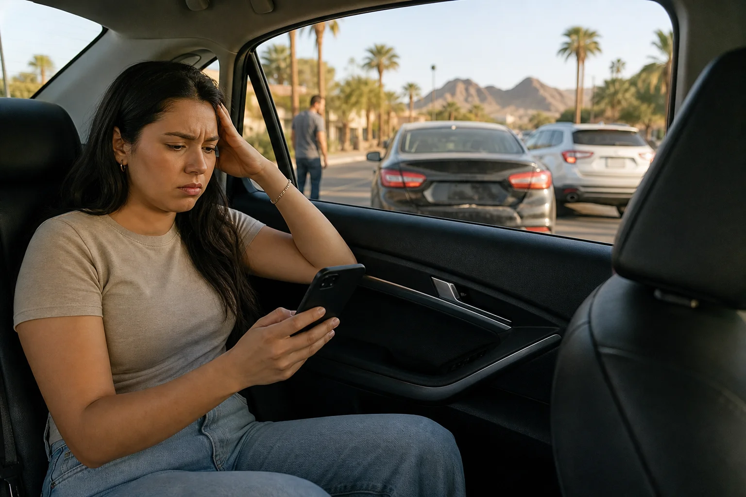 Injured Uber or Lyft passenger holding a phone after a car accident in Phoenix, Arizona