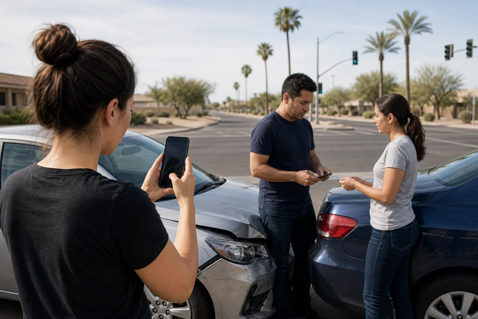 Valley Accident Law | Injured as an Uber or Lyft Passenger in Phoenix: Whose Insurance Pays When You Were Just Riding Along Passenger photographing vehicle damage and exchanging insurance information after a rideshare accident on a Phoenix street