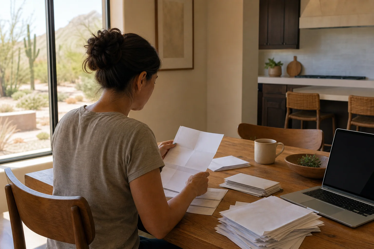 A Phoenix car accident survivor reviewing pay stubs and financial records to prove lost wages and reduced earning capacity after a crash