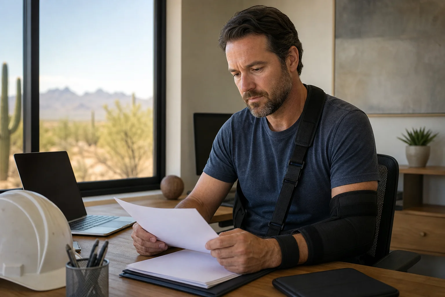 Valley Accident Law | How Lost Wages and Reduced Earning Capacity Are Proven After a Phoenix Crash Injured worker in an arm brace reviewing paperwork at a desk, representing reduced earning capacity