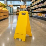 Wet floor caution sign in a Phoenix grocery store aisle, illustrating slip and fall injuries in Arizona stores and restaurants Wet floor caution sign in a Phoenix grocery store aisle, illustrating slip and fall injuries in Arizona stores and restaurants