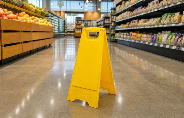 Wet floor caution sign in a Phoenix grocery store aisle, illustrating slip and fall injuries in Arizona stores and restaurants Wet floor caution sign in a Phoenix grocery store aisle, illustrating slip and fall injuries in Arizona stores and restaurants