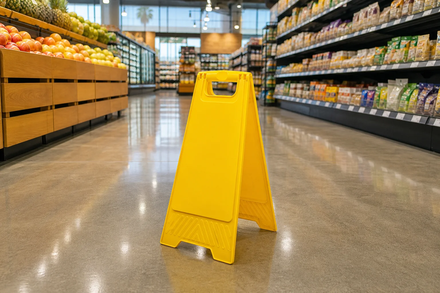 Wet floor caution sign in a Phoenix grocery store aisle, illustrating slip and fall injuries in Arizona stores and restaurants