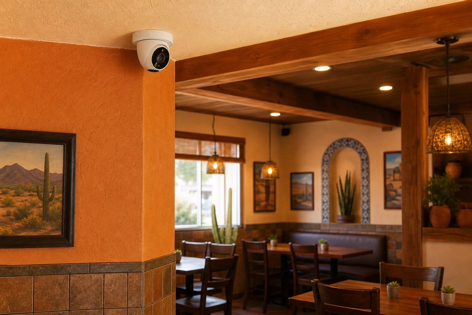 Valley Accident Law | Slip and Fall Injuries in Arizona Stores and Restaurants: Proving the Property Owner Knew About the Hazard Security camera mounted near the ceiling of an Arizona restaurant dining area facing the entrance