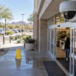Security camera mounted above a store entrance recording store surveillance video after an Arizona fall Security camera mounted above a store entrance recording store surveillance video after an Arizona fall