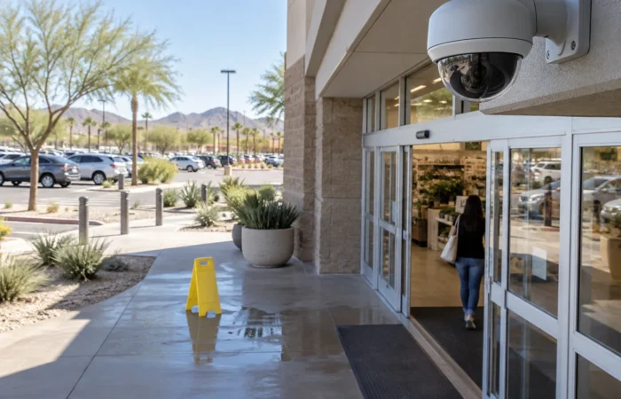 Security camera mounted above a store entrance recording store surveillance video after an Arizona fall Security camera mounted above a store entrance recording store surveillance video after an Arizona fall